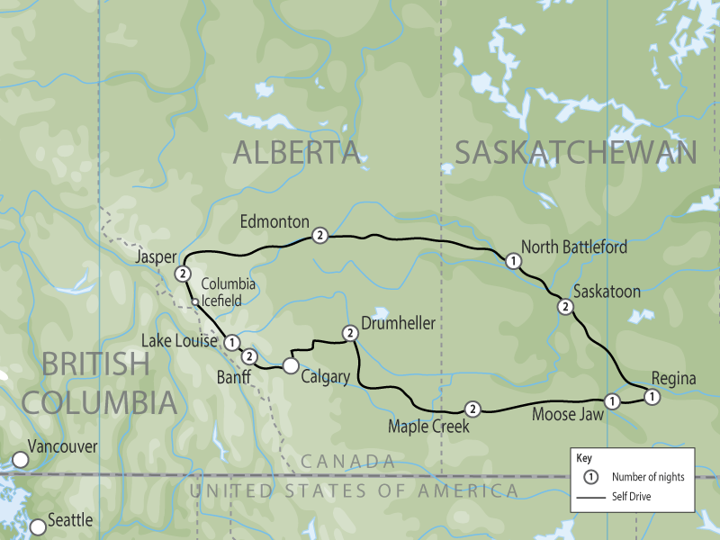 Golden Prairies & Canadian Rockies Road Trip map