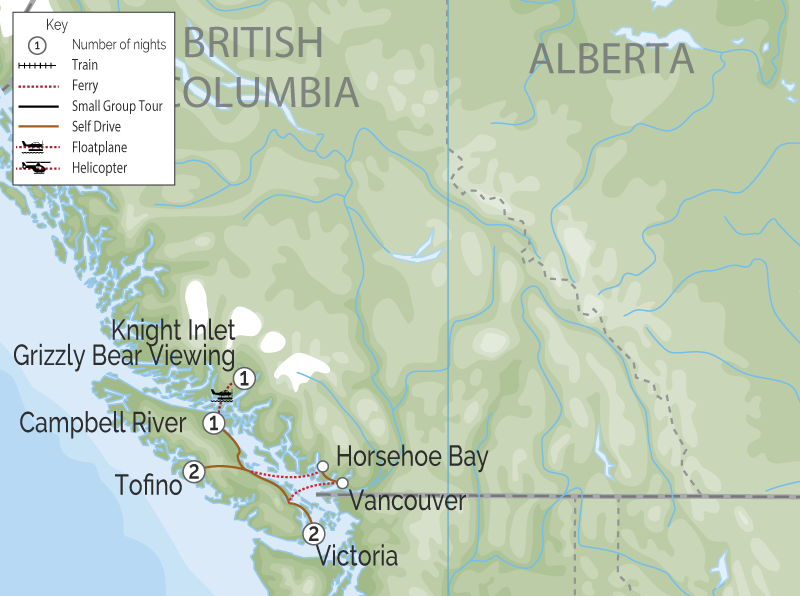 Grizzlies, Orcas and Black Bears Vancouver Island Road Trip map